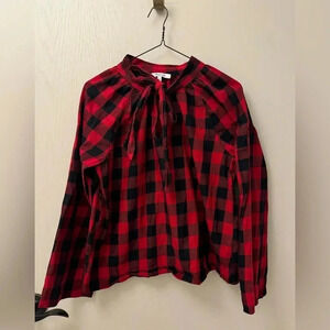 Madewell 100% cotton buffalo plaid red and black tie front blouse size S